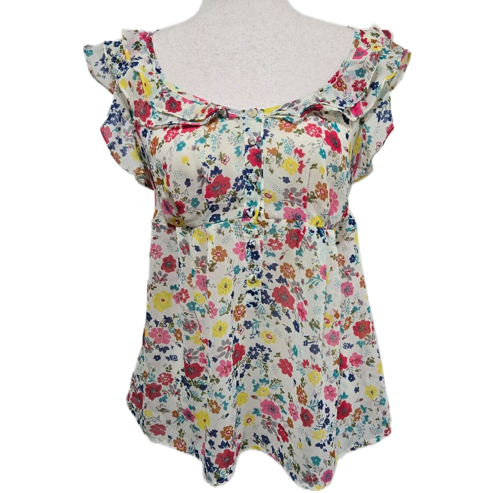 Twenty One Floral Ruffle Cap Sleeve Blouse Cream Multi Color Large Tie Back